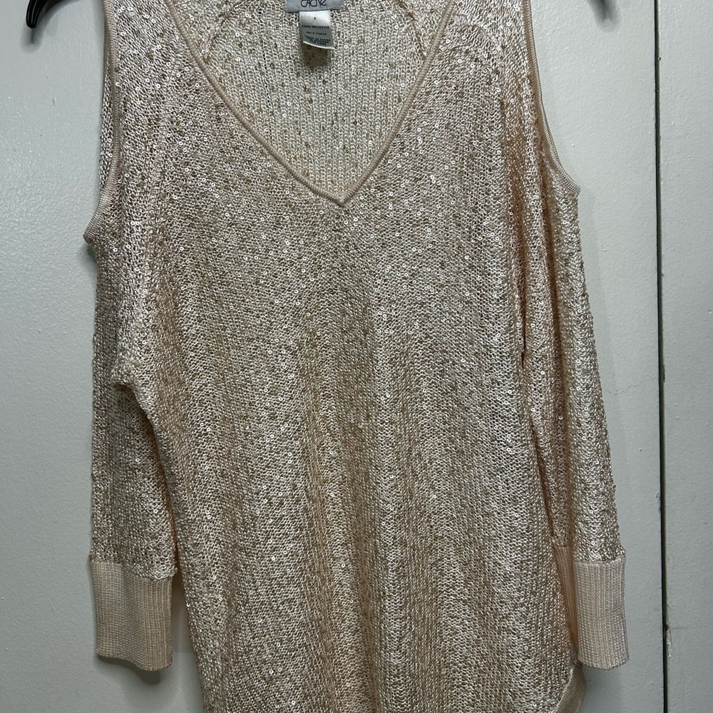 Cache Metallic Knit V-Neck Cold-Shoulder Sweater - Champagne Gold